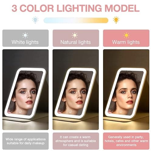Kintion Travel Makeup Mirror, Portable LED Lighted Makeup Mirror, 360° Rotation Touch Screen Vanity Mirror, 60 LEDs, 3-Color Dimmable Lighting, Rechargeable Tabletop Folding Cosmetic Mirror, Pink thumbnail 3
