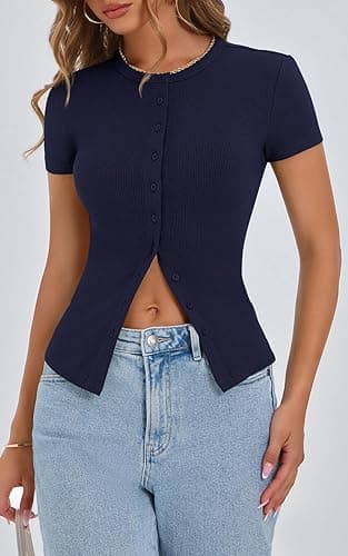 PRETTYGARDEN Women's Short Sleeve Summer Tops 2025 Trendy Ribbed Knit Button Up Tight Basic Tees Shirts Going Out Y2K Clothes thumbnail 9