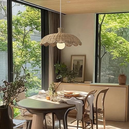 MIXL-Rattan Woven Beige Pendant Light,Scalloped Shade Small Hanging Light,Rustic Kitchen Island Lighting,Boho Style Pendant Lamp for Living Room Bedroom thumbnail 2