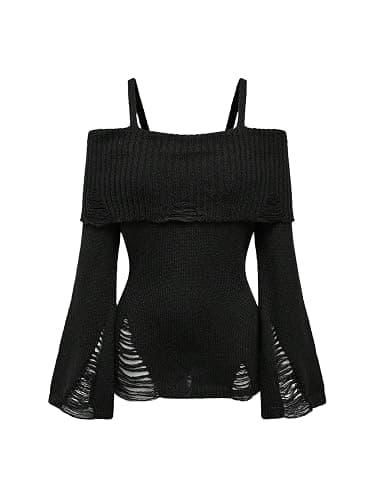 SOLY HUX Women's Cold Shoulder Ripped Sweater Goth Punk Long Sleeve Fitted Jumper Pullovers - Image 1