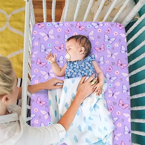 JISEN Baby Crib Sheets Soft Breathable Butterfly Fitted Crib Sheets Baby Sheet for Standard Crib and Toddler Mattress Bed Sheets for Crib for Boys Girls Neutral 52x28 Inch thumbnail 9