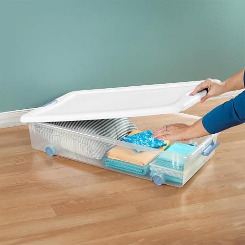 Sterilite 4-Pack 56 Quart Wheeled Latching Box, Underbed Clear Plastic Storage Organizer - Under Bed Rolling Container Bin with Lid and Wheels for Home or Dorm Bedrooms and Closets thumbnail 6