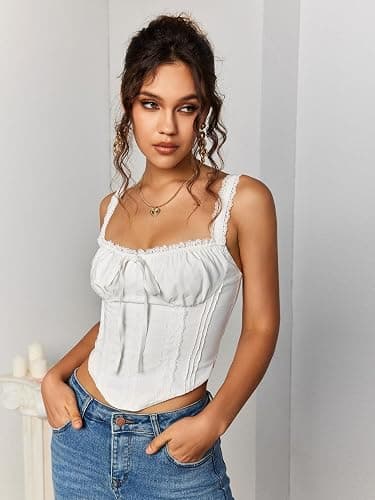 KUTUMAI Lace Corset Top Y2K Cute Square Neck Bustier Going Out Tank Crop Tops for Women Trendy Summer - Medium - White thumbnail 3
