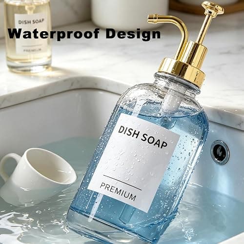 Dish Soap Dispenser for Kitchen, Hand Glass Soap Dispenser Set with Pump, Tray, Funnel for Bathroom, Shower, Laundry, Liquid, Lotion (Gold 2 Pack 18 Oz Clear Bottles with 12 Stickers) thumbnail 9
