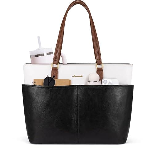 LOVEVOOK 15.6 Inch Laptop Bag for Women, Vintage Leather Work Tote with Large Cup Holder Teacher Computer Briefcase - Image 1