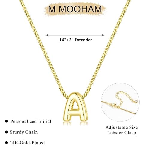 M MOOHAM Initial Necklace for Women Girls, Letter A-Z Box Chain Necklace | 14K Gold Plated Bubble Letter, Initial Necklace for Girls Women, Box Chain Necklace, Jewelry Birthday Gifts for Girl Kids thumbnail 6