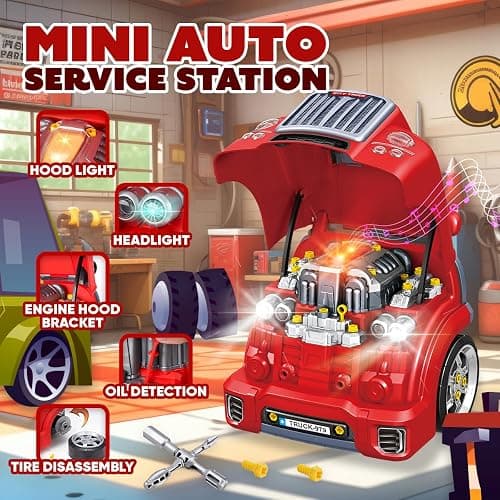 Playbees Red Truck Engine Repair Toy – Kids Mechanic Repair Set with Tools, Lights & Sounds – Interactive Take-Apart Engine Builder Truck, Great thumbnail 7