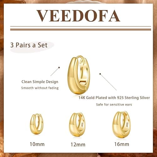 Small Hoop Earrings Set for Women,Trendy 14K Gold Plated Sterling Silver Small Chunky Hoops Earrings for Multiple Piercing Jewelry Gift thumbnail 3
