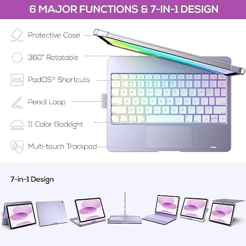 typecase Touch iPad 11th 10th Generation Case with Keyboard (11" 2025, A16 & 10.9" 2022) – 360° Rotatable, 11-Color Backlit, Multi-Touch Trackpad, Pencil Holder, Thin & Light – Light Purple thumbnail 4