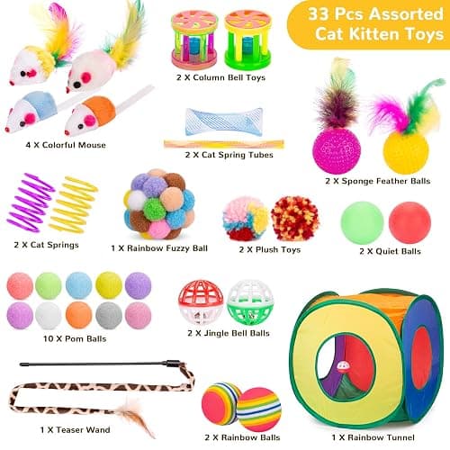 Retro Shaw 33 Pcs Cat Toys Set, Interactive Kitten Toys for Indoor Cats Kitty with Collapsible Play Tunnel Tent, Feather Teaser Wand Bell Balls Springs Mouse Toys for Boredom Relief & Exercise thumbnail 2