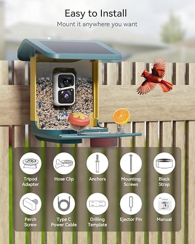 Nafnti 2K Smart Bird Feeder with Camera, Solar Powered, AI Identify 10,000+ Birds, 1.8L Capacity, IP65 Waterproof, Squirrel Proof, Live View Alerts, Various DIY Addons, Gift for Bird Watching thumbnail 9