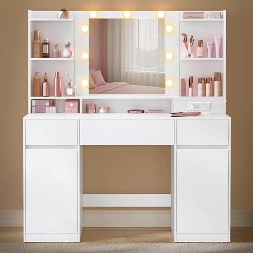 VASAGLE Kailyn Collection - Vanity Desk with Mirror and 9 LED Bulbs, Vanity Makeup Table with Power Outlets, Dressing Table with 2 Cabinets, for Bedroom, Cloud White URDT142WB01S - Image 1