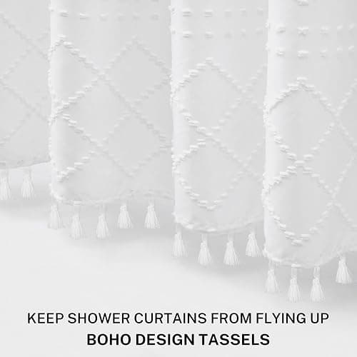 White Boho Shower Curtain Fabric Shower Curtains with Tassel 72 x 72 Modern Textured Shower Curtain Farmhouse Minimalist, Tufted Chevron Striped Shabby Chic, Water Resistant Cloth Curtain for Bathroom thumbnail 4