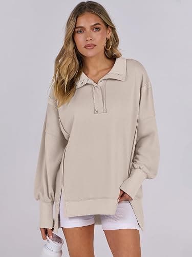 ANRABESS Women's Sweatshirts Oversized Casual Loose Button Up Henley Pullover Top High Low Split 2025 Fall Fashion Outfits thumbnail 5