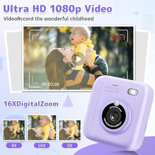 Instant Print Camera for Kids, Christmas Birthday Gifts for Girls Boys, 1080P Instant Digital Print Cameras for Toddler,Portable Toy for 4 5 6 7 8 9 10 Year Old Girl with 32GB SD Card，Purple thumbnail 4