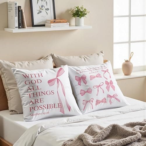 GTYNU Coquette Pink Bow Christian Throw Pillow Covers 18x18 Set of 2,Pink Bow Christian Room Bedroom Dorm Decor Aesthetic for College Teen Girls Gifts, Inspirational Bible Verses Bow Pillowcase（02） thumbnail 5