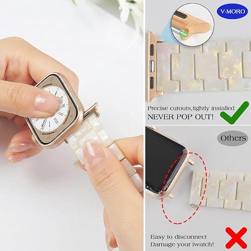 V-MORO Resin Band Compatible with Apple Watch Series 7/8/9/10/11 41/40/38/42mm, Women Fashion Strap for iWatch Series 6/5/4/3/2/1/SE, Lightweight Bracelet Wristband Replacement, Ivory White-Rose Gold thumbnail 6