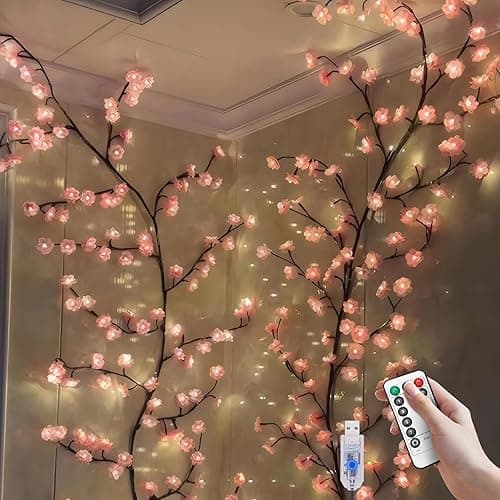 DIY Cherry Enchanted Willow Vine Lights,4 FT 48 LED Cherry Blossom Lights with Remote Timer,8 Lighting Modes,LED Tree Branch Light for Wall,Cherry Blossom Wall Decor for Bedroom Living Room Window - Image 1