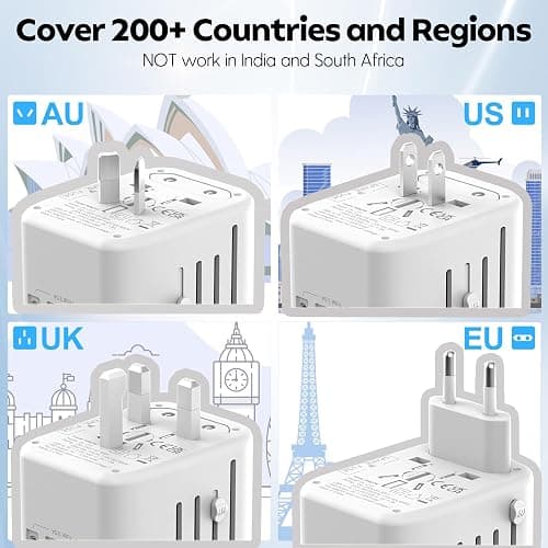 JMFONE International Power Plug Adapter, Universal Travel Adapter with 2 USB-C & 2 USB-A Ports and Multi AC Sockets, All-in-One Worldwide Travel Outlet Charger Adapter for EU US UK AU 200+ Countries thumbnail 5