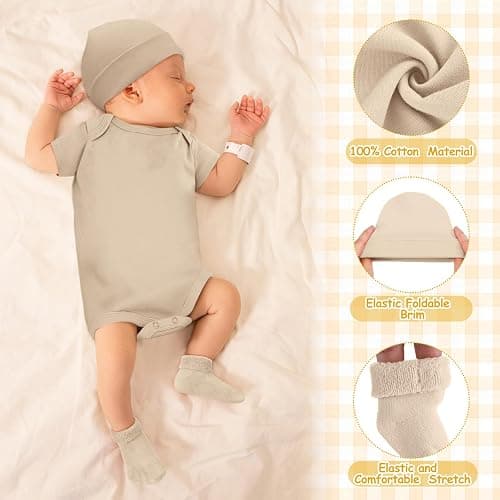 Glitopper 4 Pack Preemie Newborn Layette Set Baby Bodysuit Clothes Hat Bodysuit Socks Set for NICU Newborns thumbnail 3