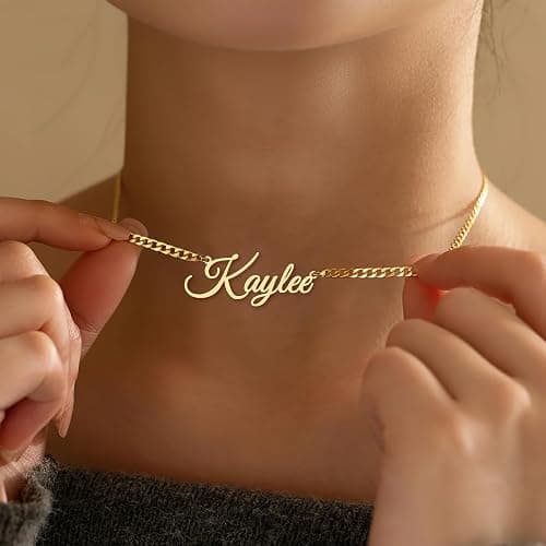 Yofair Custom Name Necklace with Curb Chain, 18K Gold Plated Dainty Name Pendant for Women Personalized Christmas Birthday Gift for Her thumbnail 4