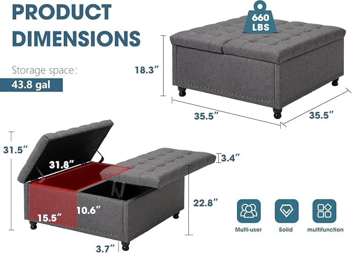 UTOASIS 35.5" Large Square Ottoman with Storage, Tufted Upholstered Storage Ottoman with Lift Top & Solid Legs for Bedroom Room, Extra Large Coffee Tables Bench for Living Room as Footstool (Grey) thumbnail 2