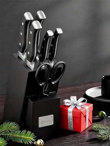 D.Perlla Knife Set, 7 Pieces Kitchen Knife Set with Self Sharpening Wooden Block, German Stainless Steel Knife Block Set with Triple Riveted Ergonomic Handle, Black thumbnail 2