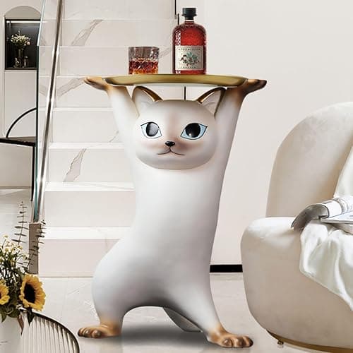 homary Whimsical Cat Statue, Animal Side Table with Gold Tray, Resin Figurine Accent Table for Living Room, Bedroom, or Entryway - Image 1