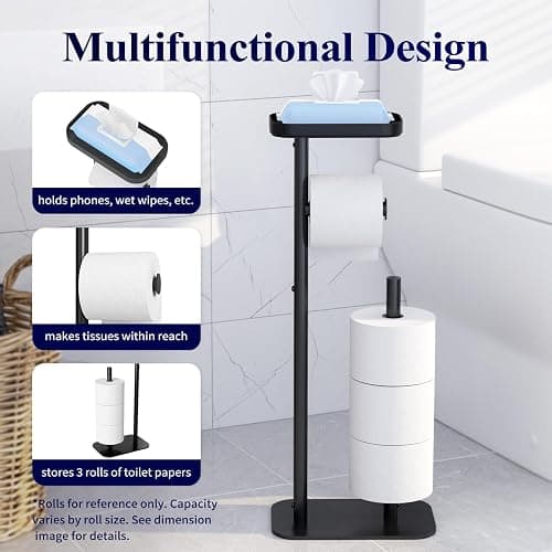 Kitsure Toilet Paper Holder Free Standing – Rustproof Metal Toilet Paper Stand for 4 Rolls with Anti-Slip Base and Shelf for Phone & Small Items, Bathroom Organizers and Storage, Medium, Black thumbnail 5