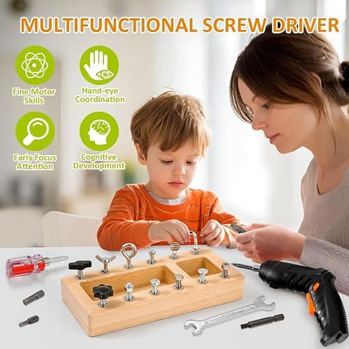 Montessori Screwdriver Board Set with Electric Drill, Wooden Montessori Busy Board Toys Screw Driver Activities Tools for 3 4 5 Year Old Kids, Sensory Learning STEM Fine Motor Skills Toys for Boys thumbnail 4