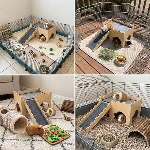 Wooden Guinea Pig Hideout Cave House, Guinea Pig Castle with Natural Cave-Style Entrance, Large Small Animal Habitat with Stairs, Waterproof Liner, Easy Assembly for Guinea Pigs, Rabbits & Hamsters thumbnail 8