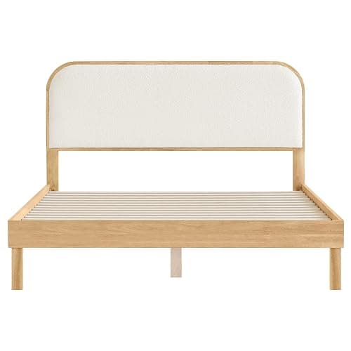 KISLOT Wood Bed Frame with Upholstered Headboard, Mid-Century Boucle Fabric Platform Modern Bed Mattress Foundation Noise-Free No Box Spring Needed Easy Assembly thumbnail 8