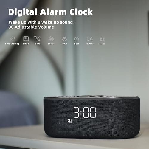 Sound Machine Alarm Clock for Bedrooms: Bluetooth 10W Stereo Sound Speaker with Wireless Charging - White Noise Machine for Sleeping with 21 Soothing Sounds - Black thumbnail 8
