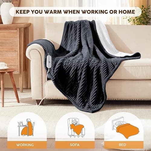 HYLEORY Heated Blanket Electric Throw, Soft Flannel Sherpa Heater 5 Heat Settings and 3 Hours Auto Shut-Off Heating Blanket ETL Certification Over-Heat Protection Machine Washable,Deep Grey thumbnail 6