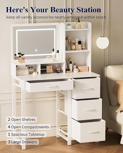 Kitsure Vanity Desk with Mirror and Lights - Large Capacity Makeup Vanity with 4 Fabric Storage Drawers & 3 Lighting Modes, Vanity Table Set with Sturdy Metal Frame for Bedroom, White, 35" x 17" x 52" thumbnail 3