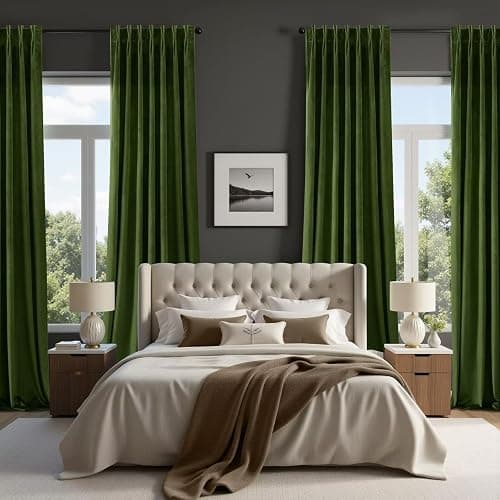 Joydeco Pinch Pleated Velvet Curtains 96 Inch Long 2 Panel Set Green Curtains for Bedroom Living Room, Thermal Insulated Back Tab Blackout Luxury Drapes with Adjustable Hooks (40”W x96”L,Olive Green) thumbnail 5