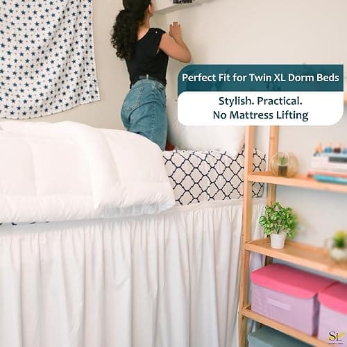 Shreem Linen Dorm Bed Skirt Twin XL 32 Inch Drop, 100% Microfiber Extra Long College Dust Ruffle Bedskirt, White thumbnail 7