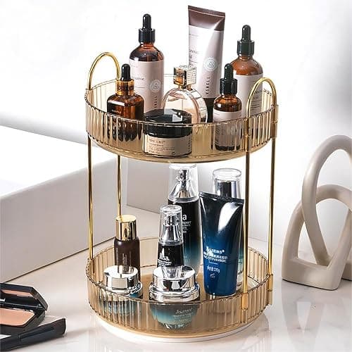 Zufudo Rotating Makeup Organizer Countertop 2 Tier Lazy Susan Trays Clear Skincare Perfume Storage for Bathroom Counter Vanity, Amber Gold - Image 1