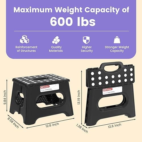 HBTower Folding Step Stool 9 Inch - Holds 600 lb, Non-Slip Surface & Carry Handle - Sturdy Step Stool for Kids, Toddlers & Adults - Compact Foldable Foot Stool for Kitchen, Bathroom, Bedroom, Outdoor thumbnail 4