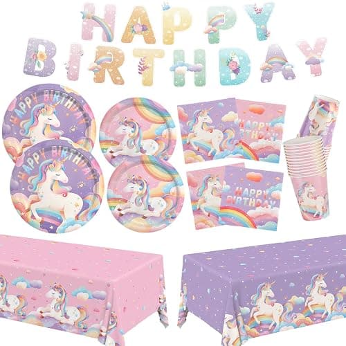 birthday Party Supplies Kit for 24 Guests - for Unicorn Birthday Decorations, Includes Dinner & Dessert Plates, Napkins, Cups, Banner and Tablecloth for Unicorn 1st Birthday Party Decorations - Image 1