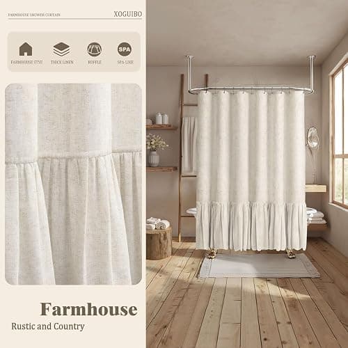 XOGUIBO Farmhouse Shower Curtain with Ruffle Hem Linen Flax Ivory White Shower Curtains for Bathroom Country Vintage Rustic Natural Fabric, 72" W x 72" L thumbnail 2