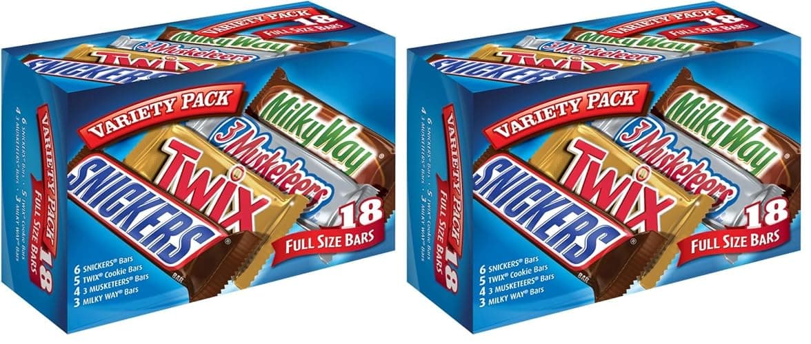 SNICKERS, TWIX, MILKY WAY & 3 MUSKETEERS Individually Wrapped Variety Pack Full Size Milk Chocolate Candy Bars Bulk Assortment, 33.31 oz, 18 Bars (Pack of 2) - Image 1