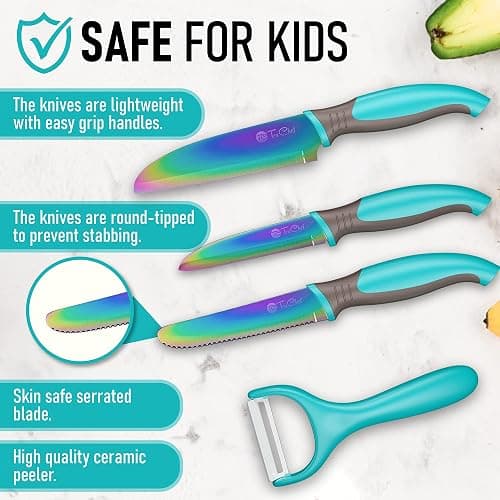 TruChef 5-Piece Kids Cooking Chef Knife Set | Real Stainless Steel Knives with Peeler, Serrated Knife & Holder | Kids Safe Rounded Tips, Easy-Grip Handles | Kitchen Knife Set (5 pcs, Aqua) thumbnail 2