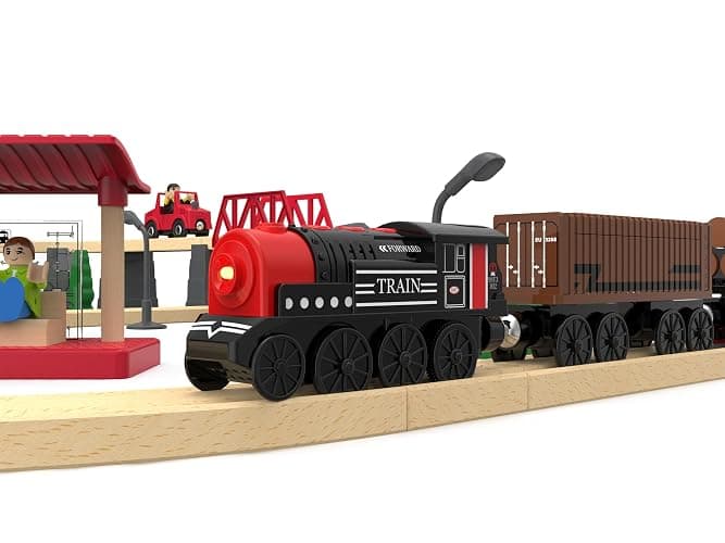 beylon Motorized Train for Wooden Track, 3Pcs Train Toy Set for 3 4 5+Years Old Boy Girl Toddlers, Battery Powered Train Compatible with Thomas & Friends, Brio and Chuggington thumbnail 8