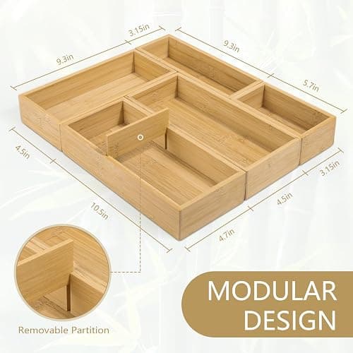 JPPSUJJ 5 Pack Bamboo Drawer Organizer Set, Multi-Use Junk Drawer Organizer for Bathroom, Kitchen, Office, Jewelry, Makeup thumbnail 2