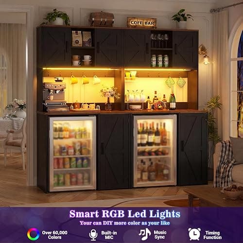 Unikito Mini Fridge Cabinet with Storage, Power Outlet & LED Light, Black | Coffee Bar Cabinet, Liquor Wine Bar Stand with Mini Fridge Space and Microwave Shelf, Beverage Station for Home Kitchen thumbnail 3