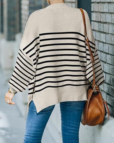 Womens Sweaters Causal Crewneck Batwing Sleeve Knit Top Side Split Oversized Pullover Sweater Loose Jumper thumbnail 4