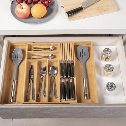 TIOPGHAD Bamboo-Silverware-Drawer-Organizer-Kitchen, Expandable Utensil Holder Cutlery Tray Flatware Organization Adjustable Wood Tableware Dividers Storage (with Removable Knife Block)(Natural) - Natural - Large thumbnail 2