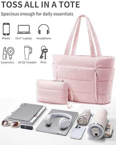 Bagstellar Puffer Tote Bag for Women, Lightweight Puffy Work Handbag Teacher Nurse Quilted Shoulder Bag for School Travel Gym | Cloud Bag w/ Zipper, Daily College Bags, 15.6" Computer Bag, Clinical Nursing Bag, 40 OZ Tumbler Holder, Ideal Gift for Women thumbnail 7
