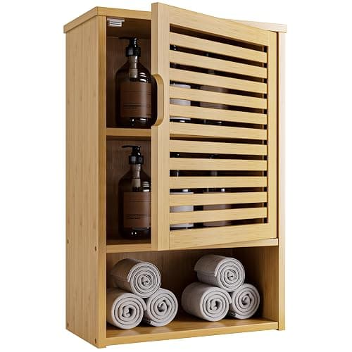 HITNET Bathroom Wall Cabinet, Medicine Cabinet Over The Toilet, Bamboo Hanging Storage Organizer with Single Door and Open Bottom Shelf, for Kitchen Living Room, Natural - Image 1